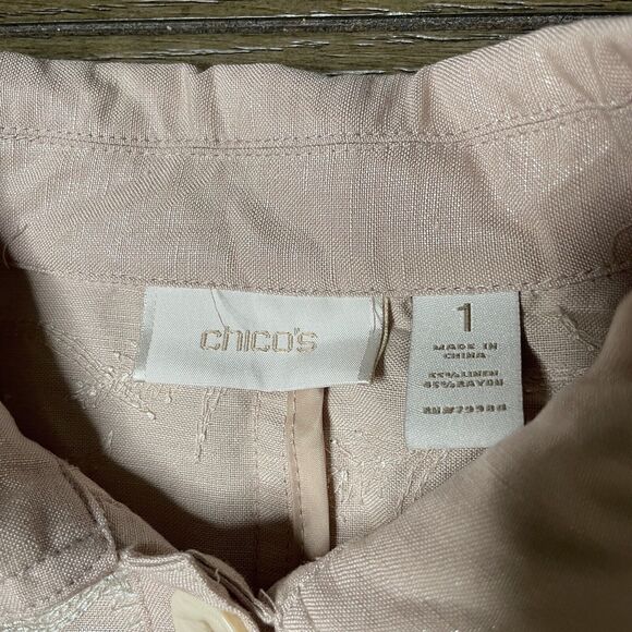 Chico's Linen Pearlized Embroidered Pink Blush Full Button Jacket Size 1 - Picture 9 of 11